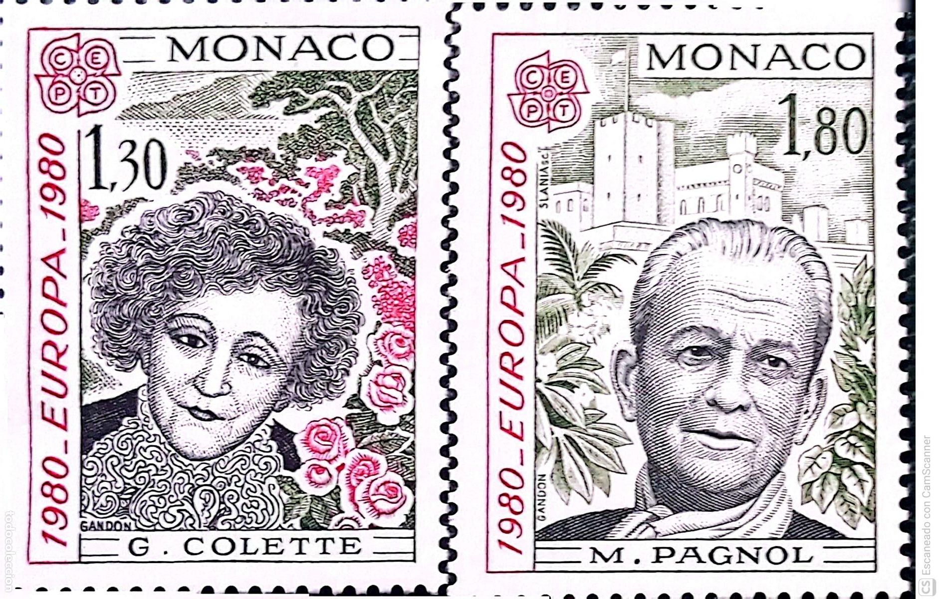 Sellos: M&oacute;naco. 1224/25 Europa-Cept. Personajes c&eacute;lebres: Sidonie-Gabrielle Colette y Marcel Pagnol. 1980,