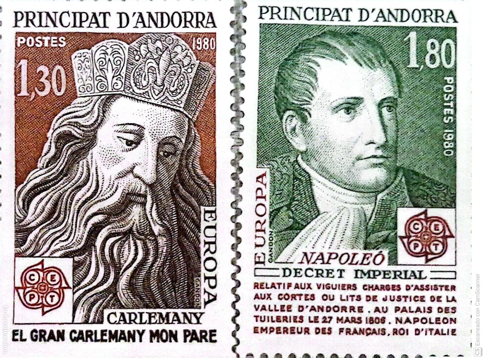 Sellos: Andorra Francesa. 284/85 Europa-Cept: Carlomagno y Napole&oacute;n I. 1980. ﻿Sellos nuevos y numeraci&oacute;n Y