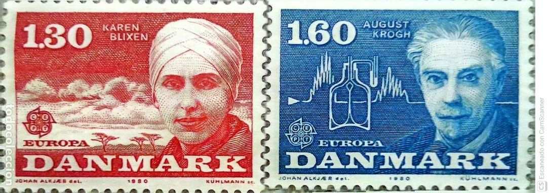 Sellos: Dinamarca. 700/01 Europa-Cept: Karen Blixen y Augusto Krogh. 1980. ﻿Sellos nuevos y numeraci&oacute;n Yve