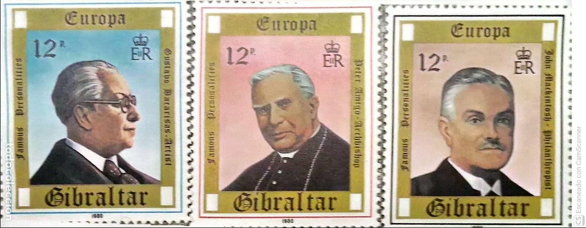 Sellos: Gibraltar. 407/09 Europa-Cept: Gustavo Bacarisas, John Mackintosh y Petr Amigo. 1980. ﻿Sellos nuev