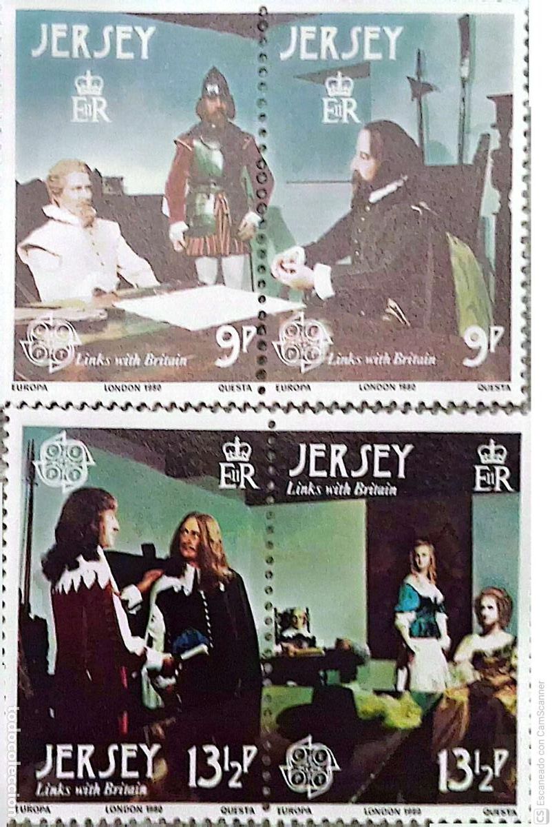 Sellos: Jersey. 213/16 Europa-Cept: Walter raleigh y Paul Ivy, Carlos Ii y George Carteret. 1980. ﻿Sellos