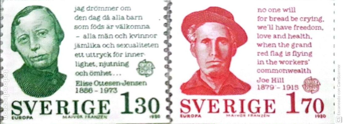 Sellos: Suecia. 1088/89 Europa-Cept: Elise Ottensen y Joe Hill. 1980. ﻿Sellos nuevos y numeraci&oacute;n Yvert.