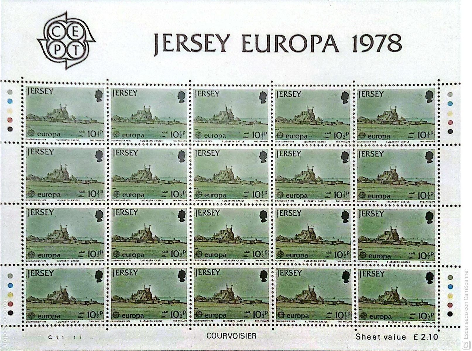 Sellos: Jersey. 173 Europa-Cept: El castillo Elizabeth, en MH de 20 sellos. 1978. Sellos nuevos sin charne