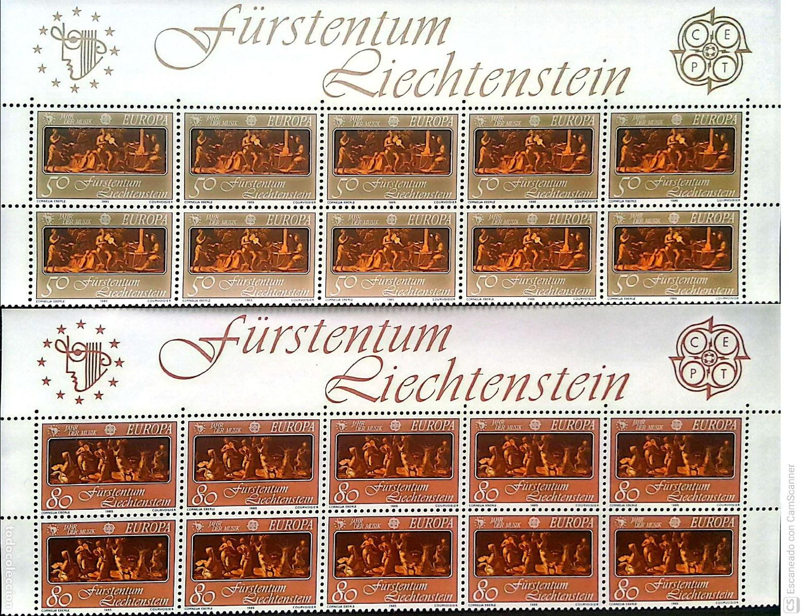 Sellos: Liechtenstein. 807/08 Europa-Cept: A&ntilde;o europea de la m&uacute;sica, en una banda de 10 sellos. 1985. Sell