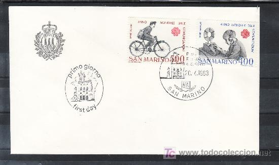 Sellos: san marino 1076/7 primer dia, radio, ciclista, a&ntilde;o mundial de las comunicaciones