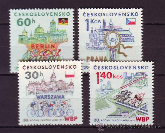Sellos: CHECOSLOWAQUIA***.A&Ntilde;O 1977.YVERT NR. 2206/2209.DEPORTES.CICLISMO.BICICLETA.