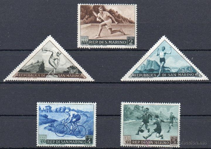 Selos: SAN MARINO A&Ntilde;O 1953 YV 365/69*** DEPORTES CICLISMO TENIS F&Uacute;TBOL ATLETISMO