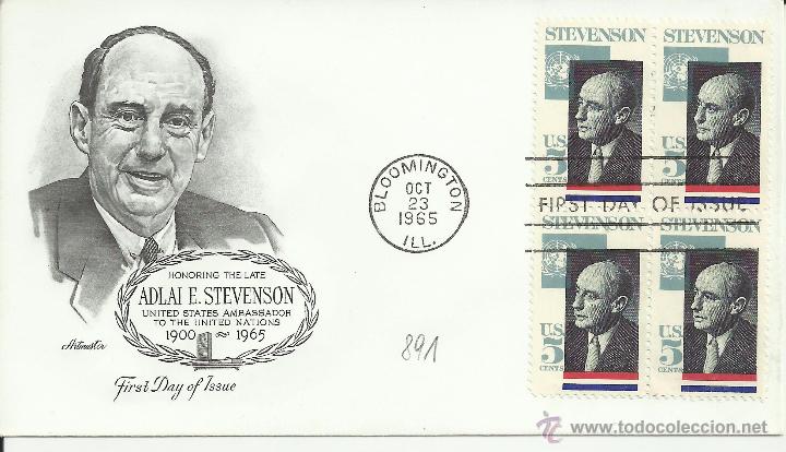Sellos: ESTADOS UNIDOS USA FDC 1965 BLOOMINGTON ADALAI STEVENSON NACIONES UNIDAS UNO ONU