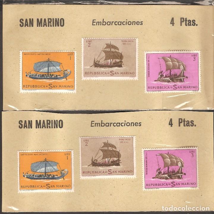 Selos: TARJETAS CON 3 VALORES, 6 SELLOS SAN MARINO.
