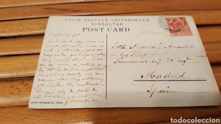Sellos: POSTAL CIRCULADA DE GIBRALTAR A MADRID 1908 - Foto 1