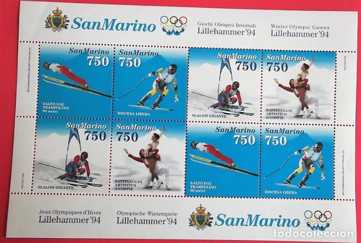 Sellos: San Marino. HB 20 JJ. Oo. Lellehammer. Disciplinas: Salto de esqu&iacute;, descenso, slalom gigante, patina