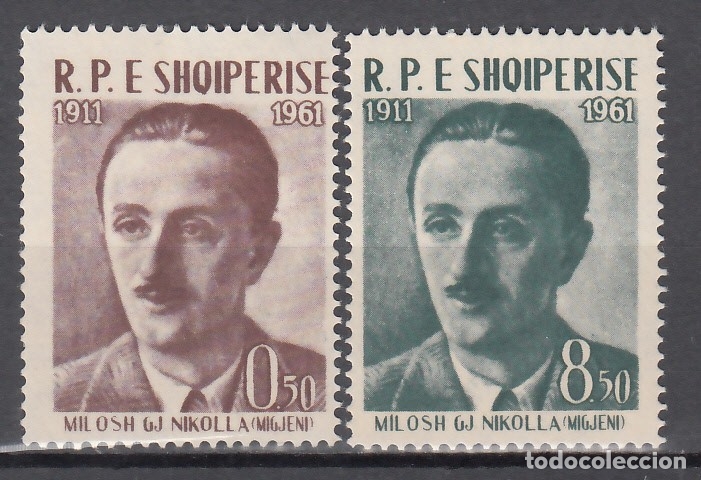 Stamps: ABANIA,1960 YVERT N&ordm; 558 / 559,  50 aniversario del nacimiento de Millosh George Nicholas, poeta