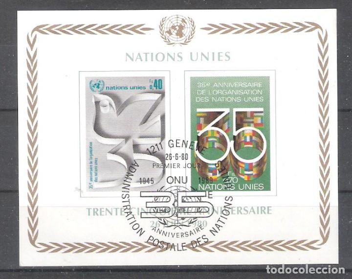 Sellos: NACIONES UNIDAS (OF. DE GINEBRA) H.B. n&ordm; 2&ordm; matasellos primer d&iacute;a. 35 aniversario de la ONU