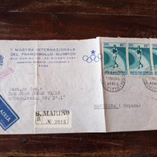 Sellos: SAN MARINO 1955, CERTIFICADO AÉREO CIRCULADO A BARCELONA,SOBRE FILATÉLICO