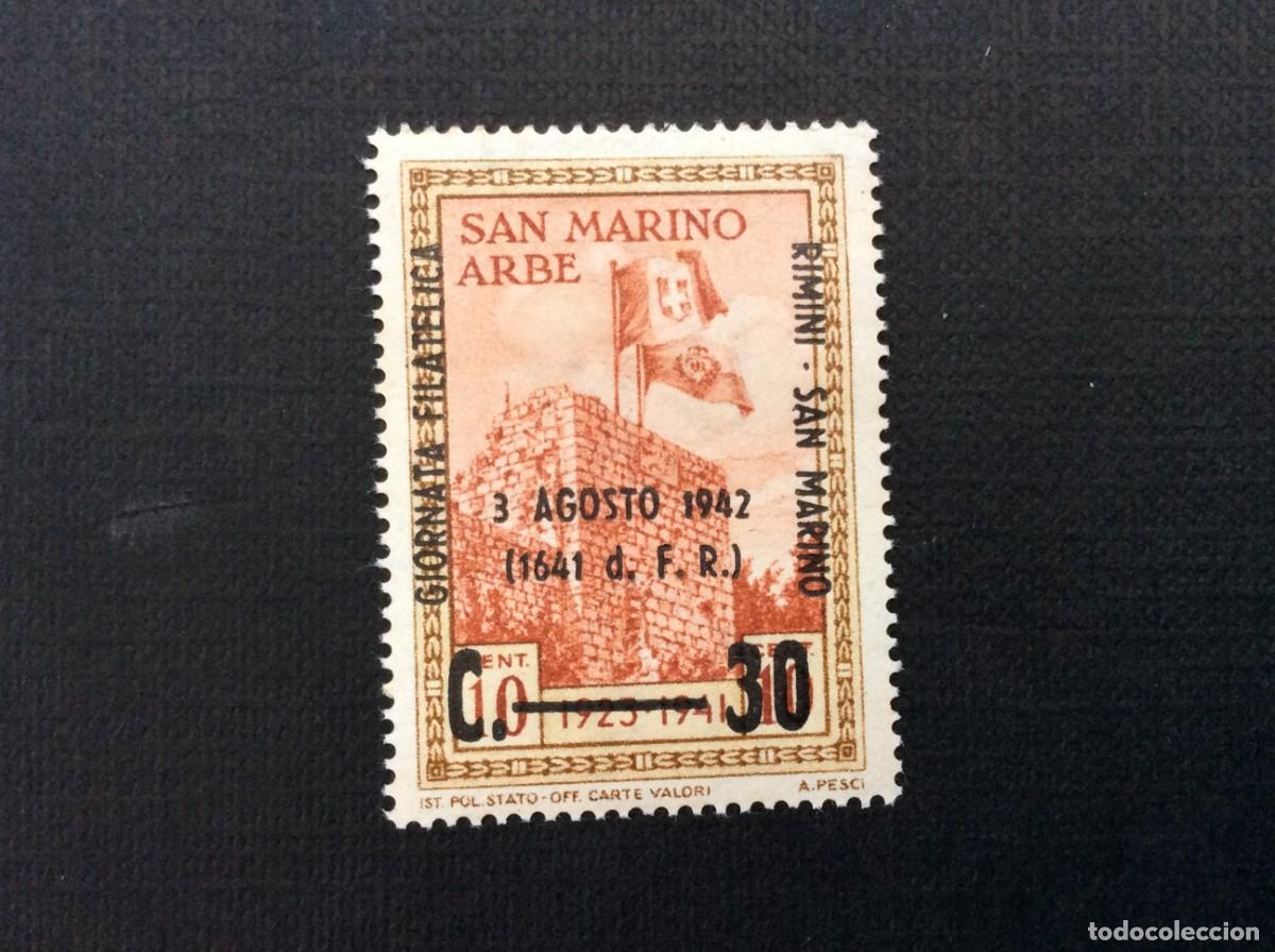 Briefmarken: SAN MARINO N&ordm; YVERT 221*** A&Ntilde;O 1942. JORNADA FILATELICA RIMINI-SAN MARINO. SELLO SOBRECARGADO