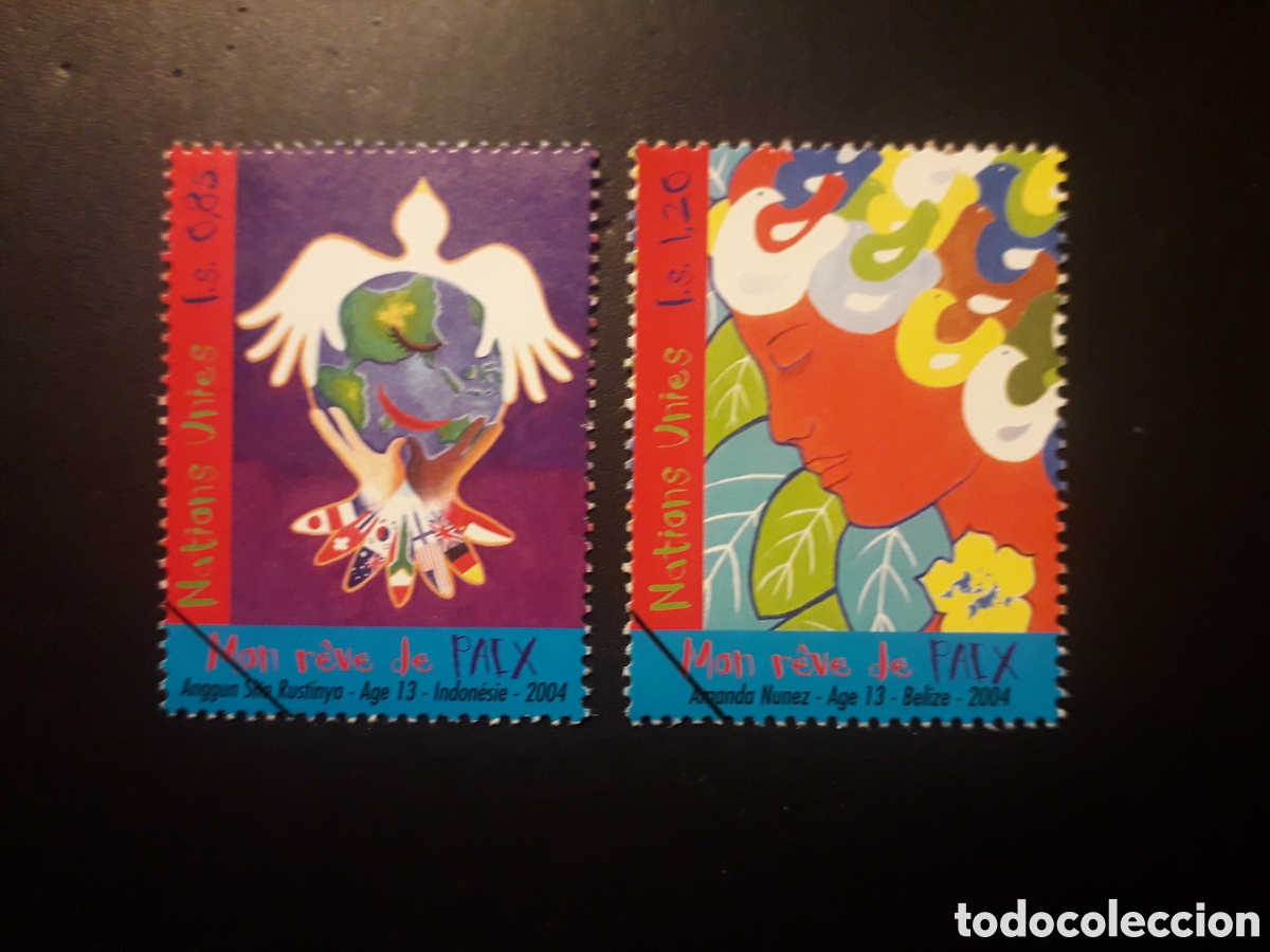 Briefmarken: NACIONES UNIDAS GINEBRA YVERT 515/6 SERIE CTA MUESTRA 2004 CARTELES SOBRE LA PAZ PEDIDO M&Iacute;NIMO 3&euro;