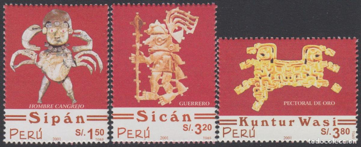 Briefmarken: Per&uacute; 1327/29 2002 Sipan Arqueolog&iacute;a Hombre Cangrejo Guerrero Pectoral de Oro M