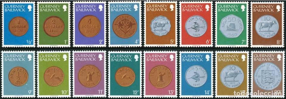 Francobolli: FAU5/S Guernesey N&ordm; 168/83 1979 Serie monedas de 1830 a1977 Lujo