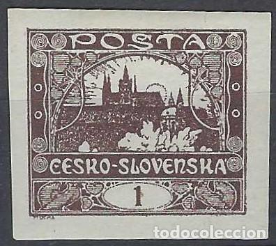 Stamps: CHECOSLOVAQUIA 1919 - VISTA DEL CASTILLO DE PRAGA, MARR&Oacute;N OSCURO, SIN DENTAR - MH*