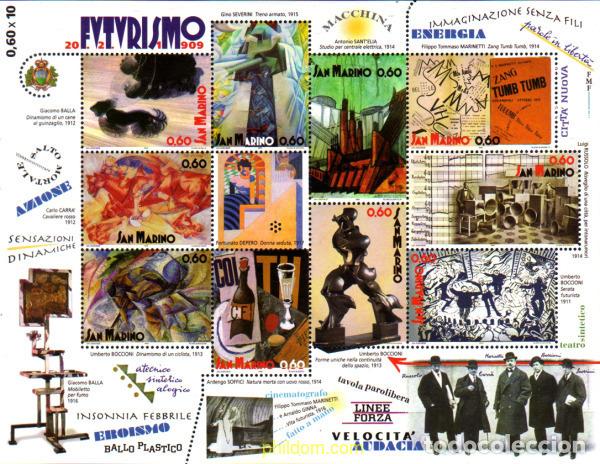 Stamps: 251211 MNH SAN MARINO 2009 CENTENARIO DEL MANIFIESTO FUTURISTA DEL ESCRITOR ITALIANO FILIPPO TOMMAS