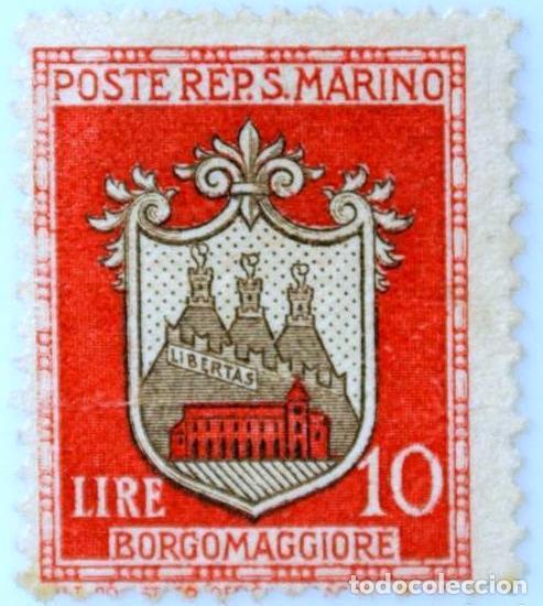 Briefmarken: Sello postal SAN MARINO 1945 , 10 liras , Escudo de armas Borgomaggiore, Sin usar, FILATELIA