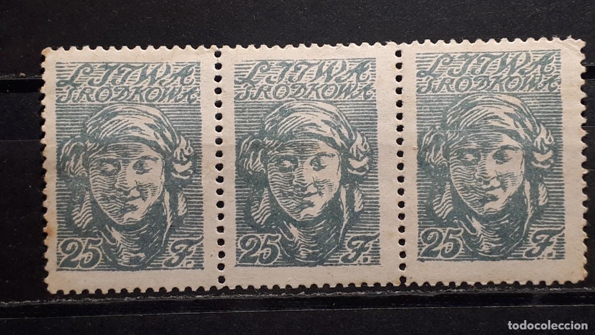 Sellos: LITUANIA. Ocup. POLACA. A&Ntilde;O 1920. **. YVERT 11. Tira de 3.