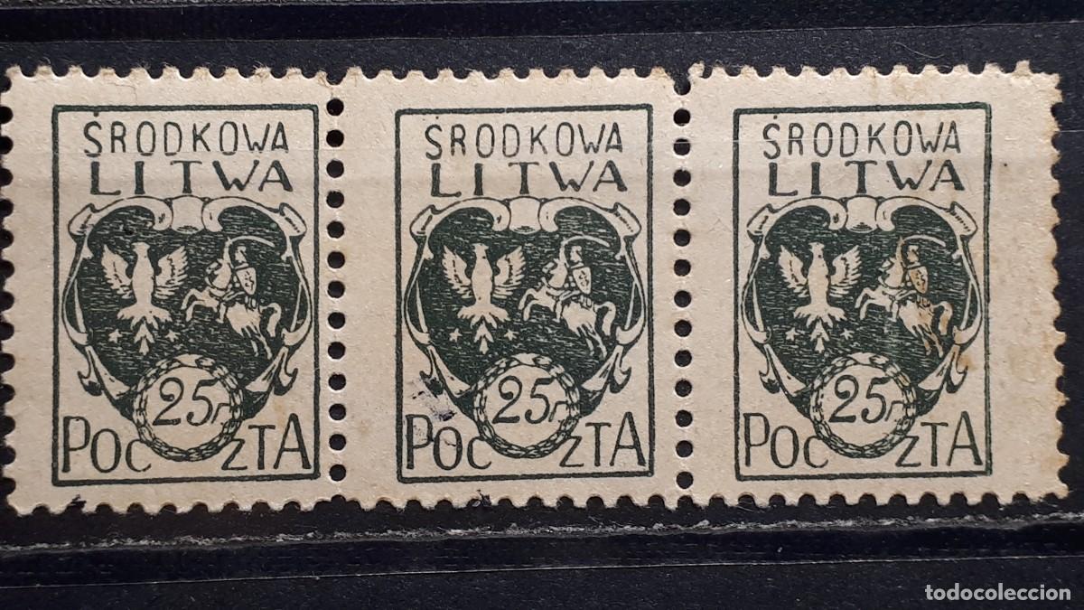 Sellos: LITUANIA. Ocup. POLACA. A&Ntilde;O 1920. **. YVERT 23. Tira de tres.