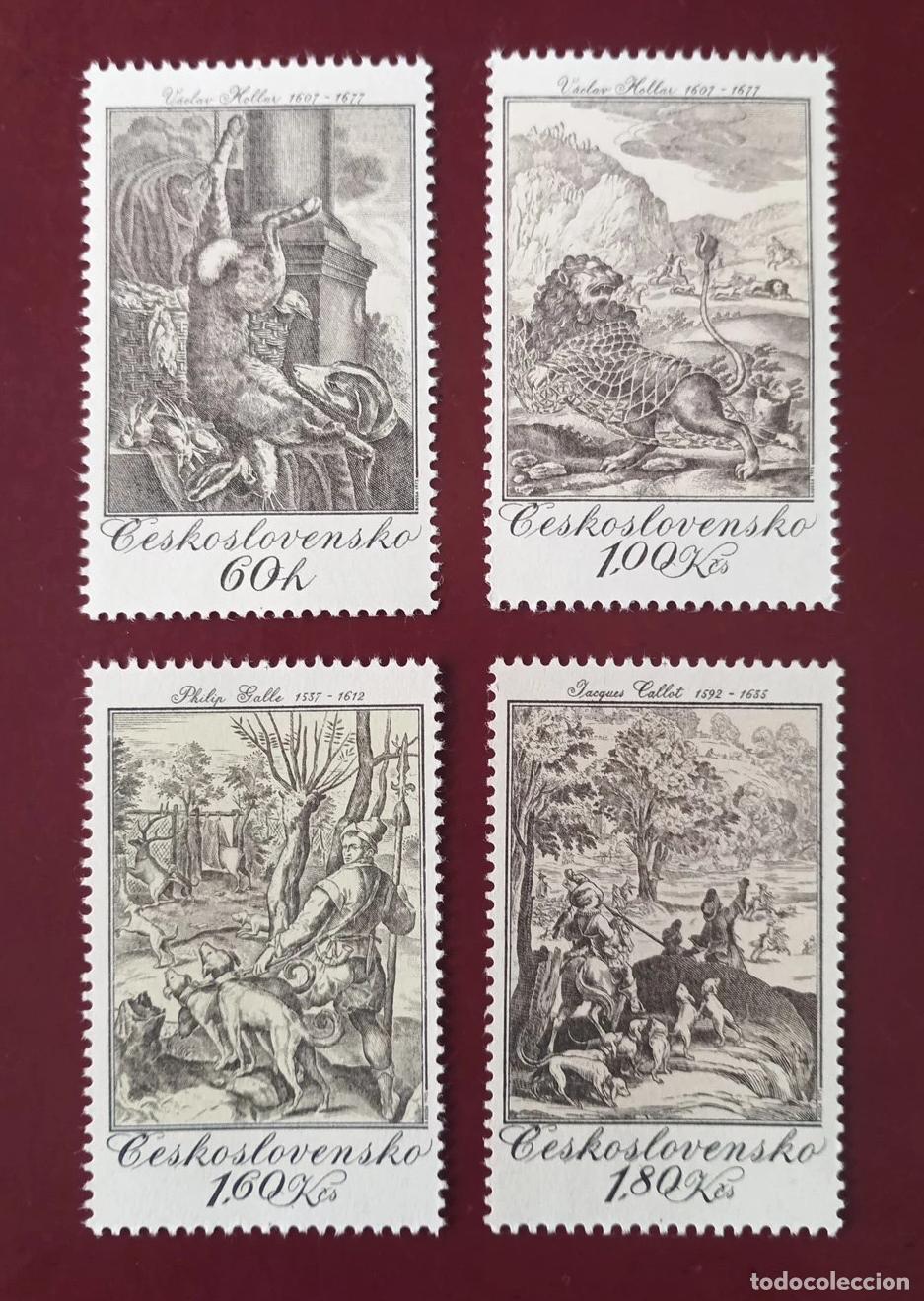 Sellos: Checoslovaquia 1975 Ivert 2083/6 *** Escenas de Caza - Pintura