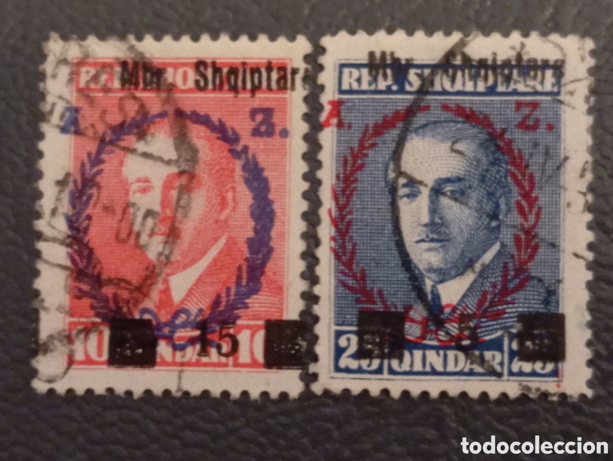 Sellos: Albania 1928. Pareja Sellos Ahmet Zogu / Rey Zog I. Doble Sobrecarga Mbr. Shqiptar. Usados