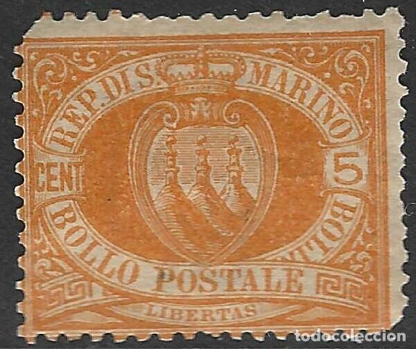 Sellos: SAN MARINO/1877-99/MNG/SC#4/ ESCUDO DE ARMAS/ 5c