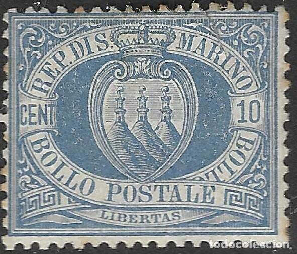 Sellos: SAN MARINO/1877-99/MNG/SC#7/ COAT OF ARMS/ ESCUDO DE ARMAS/ 10c/ SELLO DA&Ntilde;ADO ROTO EN PARTE SUPERIOR