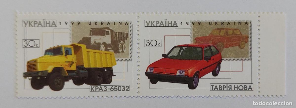 Sellos: UCRANIA 1999 Industria Automotriz, cami&oacute;n KrAZ-65032 y un autom&oacute;vil Tavria Nova. ** MNH