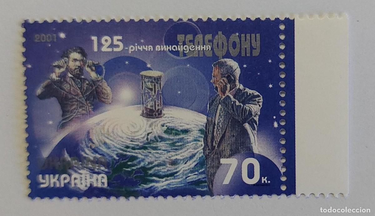 Sellos: UCRANIA 2001 125 aniversario de la invenci&oacute;n del tel&eacute;fono, Alexander Graham Bell ** MNH