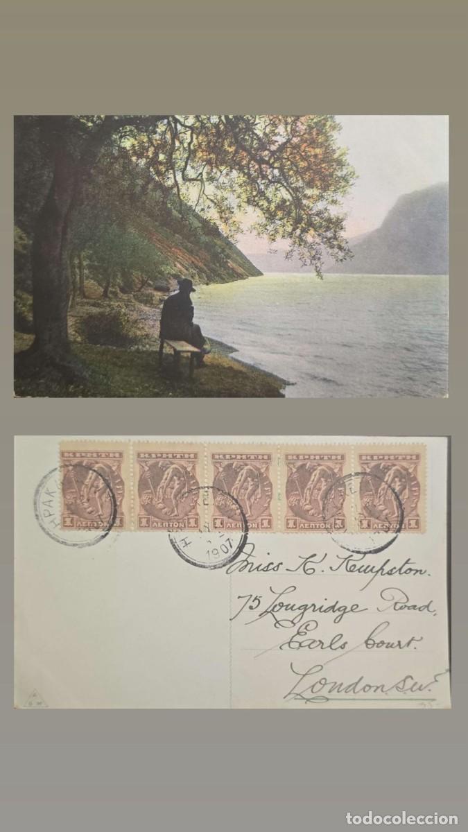Sellos: KV)1907, GREECE, ILLUSTRATED POSTCARD SENT FROM HERAKLION CRETE TO LONDON ENGLAND WITH FIVE GREEK ON
