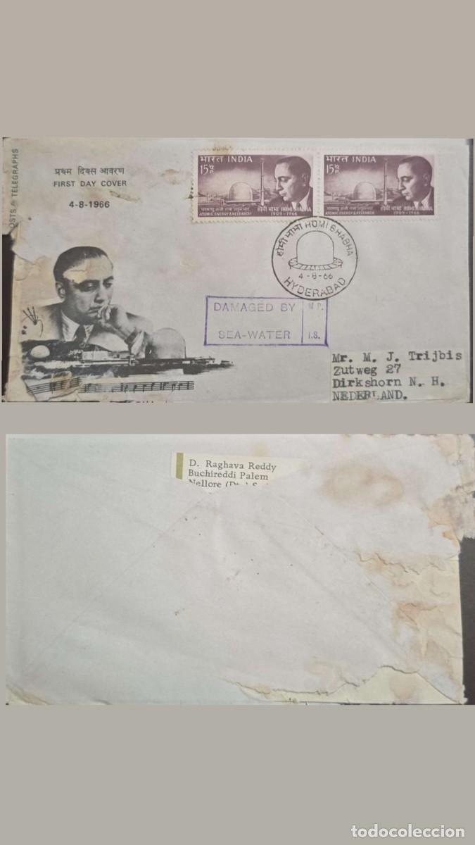 Sellos: KV) 1966 INDIA, FIRST DAY COVER HONORING HOMI J. BHABHA WITH COMMEMORATIVE STAMP CANCELLED IN HYDERA