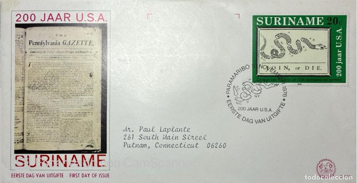 Sellos: KV) 1976 SURINAME, COMMEMORATIVE FIRST DAY COVER FOR THE 200TH ANNIVERSARY OF THE UNITED STATES, SEN