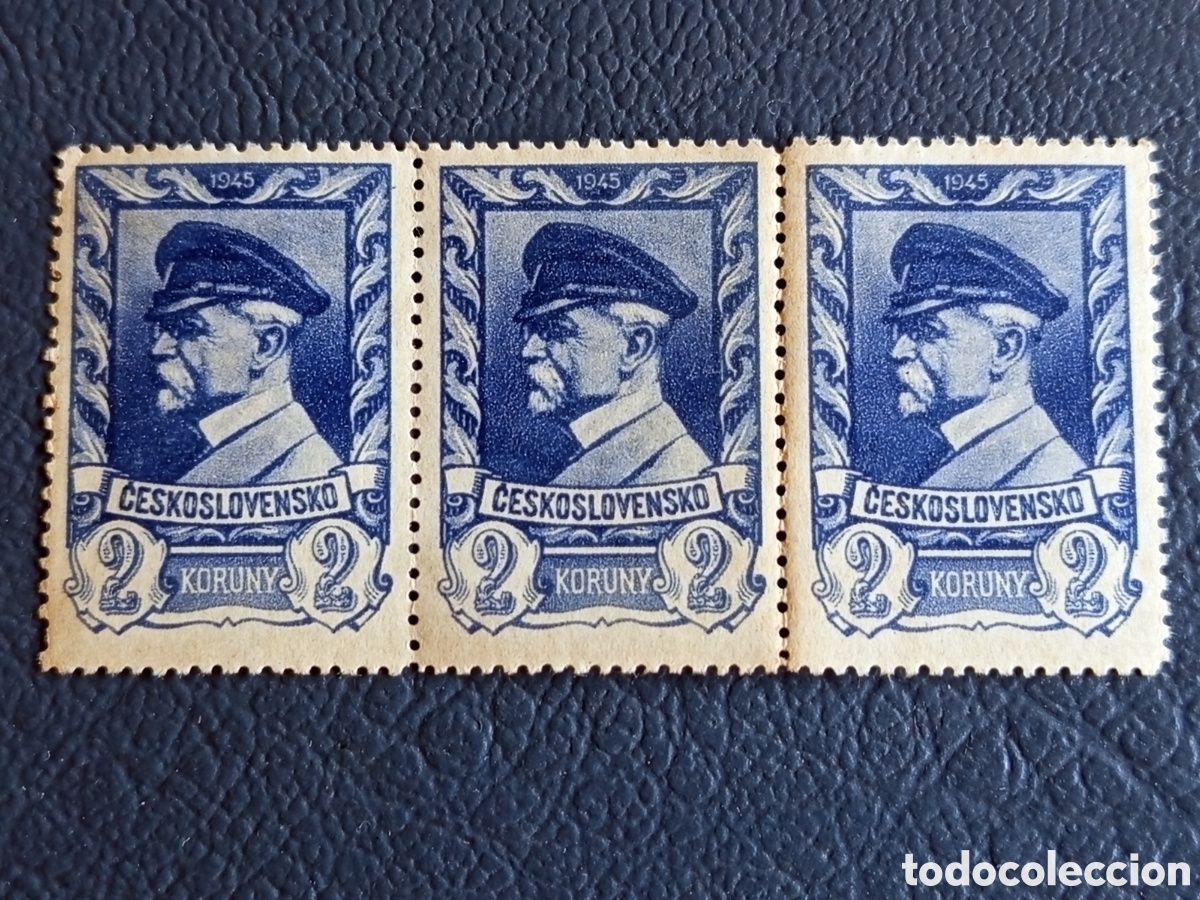 Sellos: Checoslovaquia 1945 - Tira de 3 Masaryk 2k (Edici&oacute;n Mosc&uacute;) Mi 435 MNH