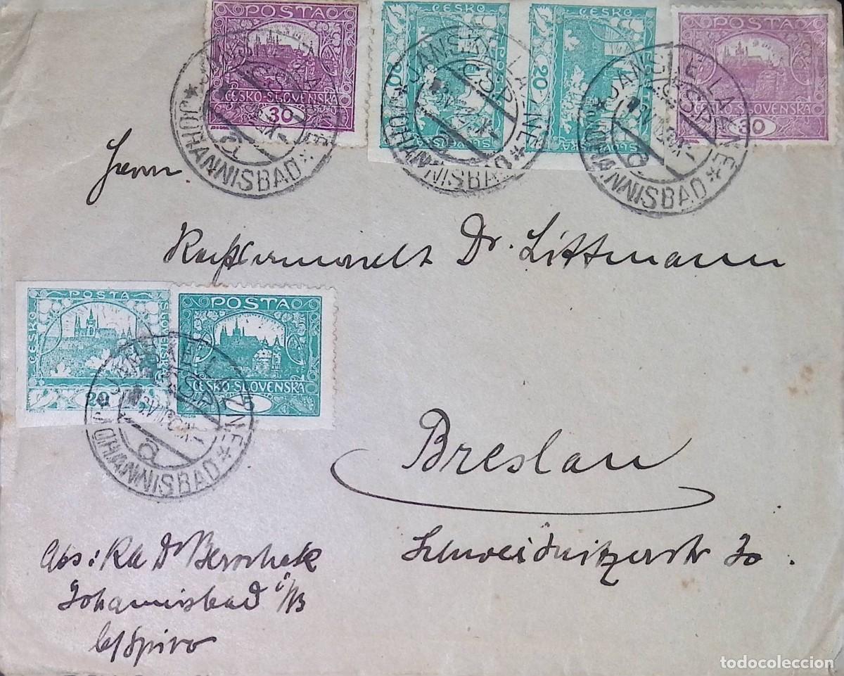 Sellos: O) CZECHOSLOVAKIA, JOHANNISBAD, HRADCANY AT PRAGUE, CIRCULATED TO BRESLAU, THE OLD GERMAN NAME FOR