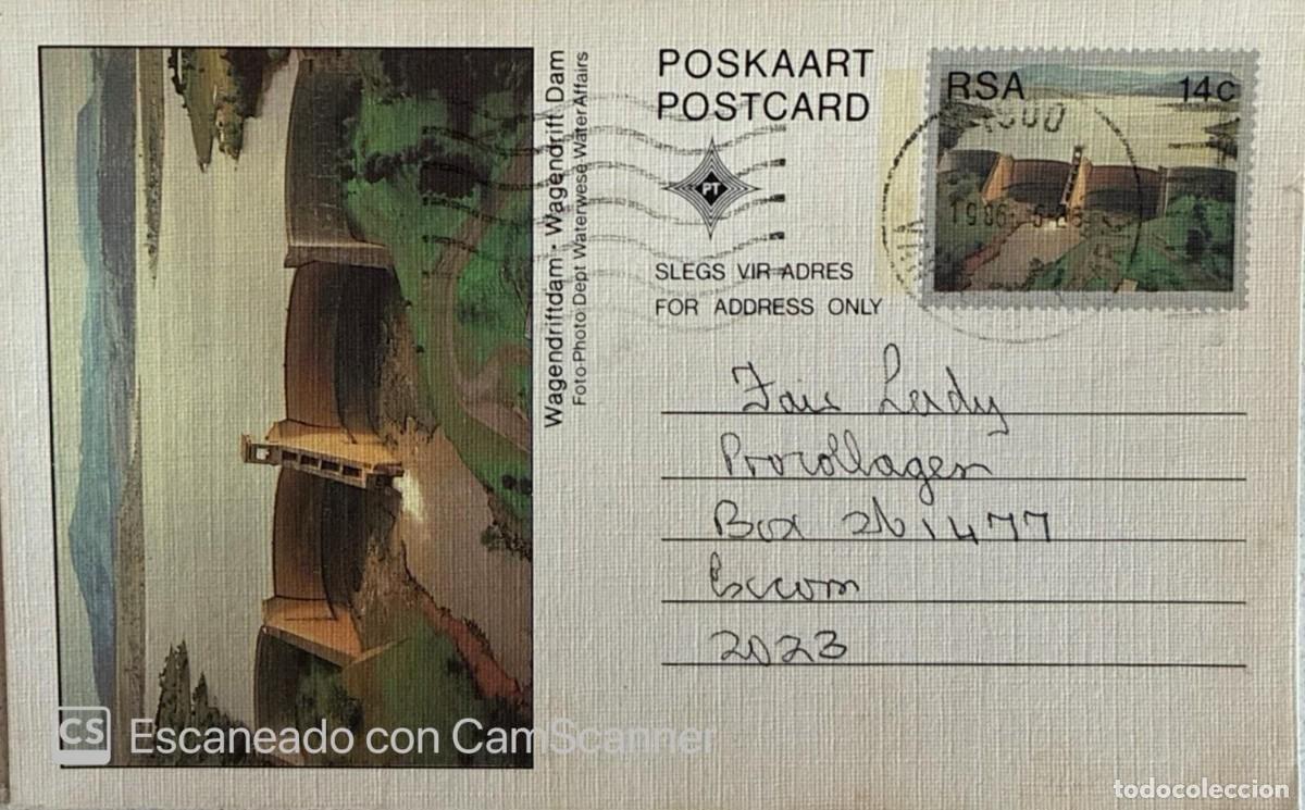 Sellos: KV)1986 SOUTH AFRICA, POSTCARD WITH WAGENDRIFT DAM POSTMARK SENT FROM WAGENDRIFT TO BRONKHORSTSPRUIT