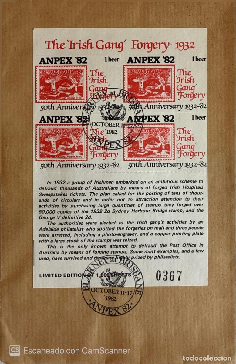 Sellos: KV) 1982 AUSTRALIA, COMMEMORATIVE PHILATELIC SHEET DEDICATED TO THE 1932 &ldquo;THE IRISH GANG&rdquo; FORGERY, M