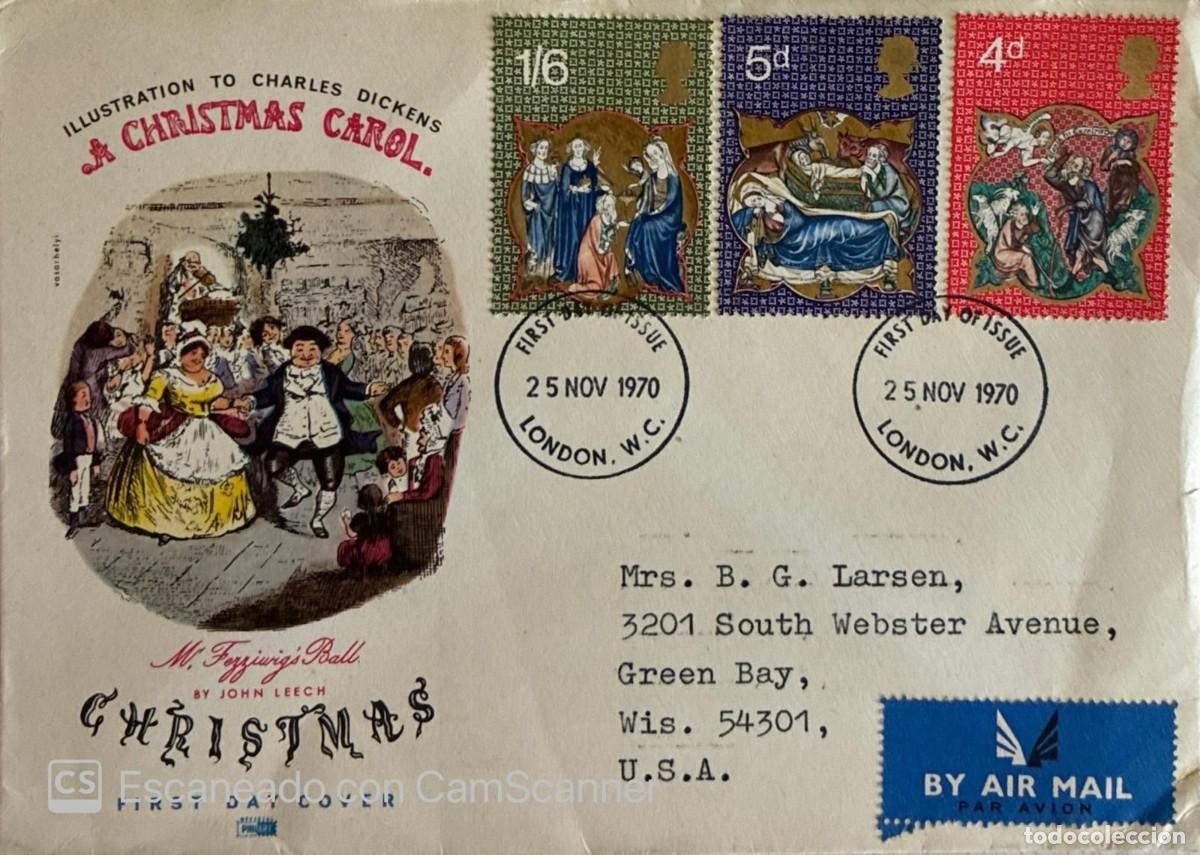Sellos: KV)1970, UNITED KINGDOM, CHRISTMAS FIRST DAY COVER INSPIRED BY &ldquo;A CHRISTMAS CAROL&rdquo; BY CHARLES DICKEN