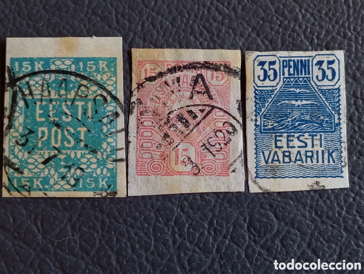 Sellos: ESTONIA 1918-1920 &middot; &rdquo;Eesti Post&rdquo; + &rdquo;Eesti Vabariik&rdquo; &middot; 3 Sellos Imperforados &middot; Scott 3, 7, 12 &middot; Usado
