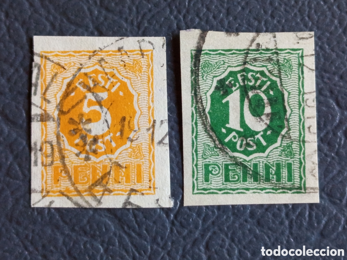 Sellos: Estonia 1919 - &rdquo;Eesti Post&rdquo; 5 y 10 Penni - Sin dentar - Scott 3/4 - Usado
