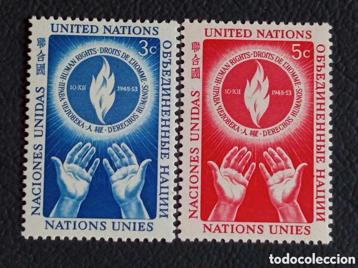 Sellos: Naciones Unidas NY 1953 3c+5c Derechos Humanos llama 1948-53 par MH Scott 21-22