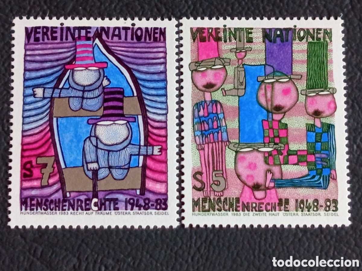 Sellos: Naciones Unidas Viena 1983 5S+7S Derechos Humanos Hundertwasser MNH Michel 37-38