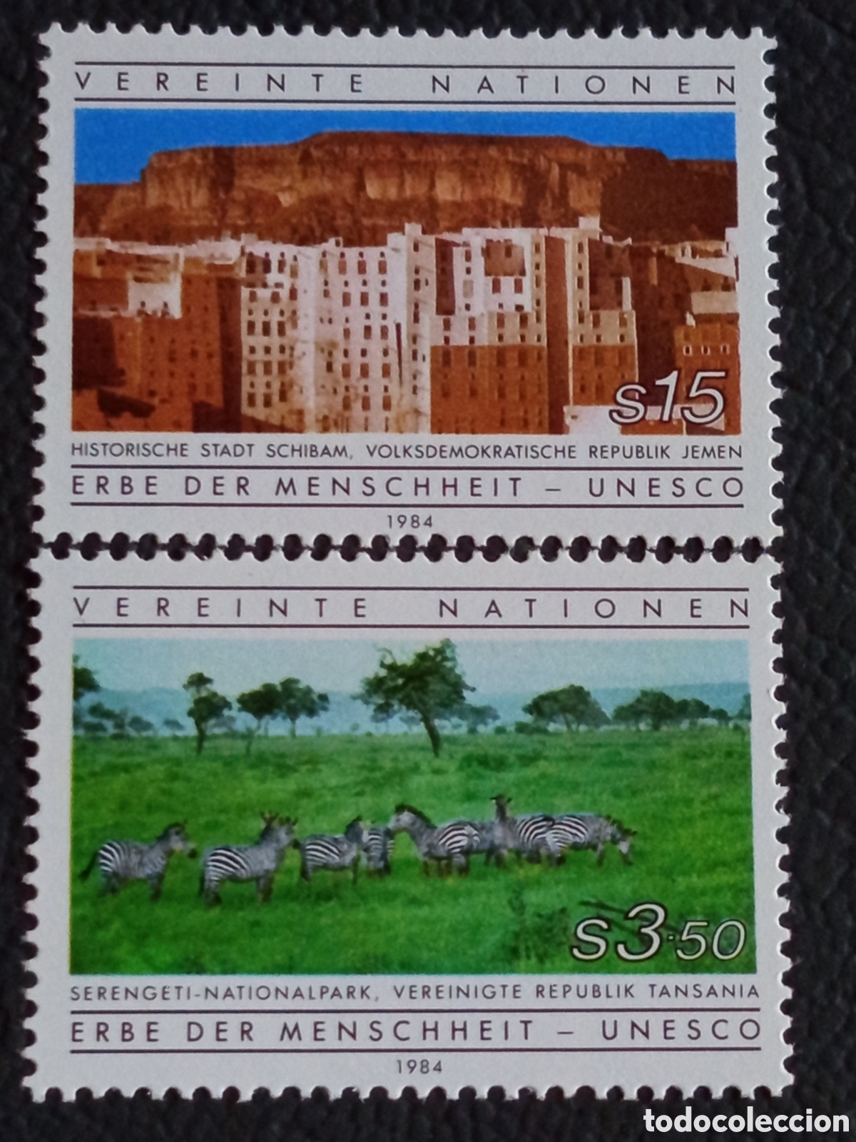 Sellos: Naciones Unidas Viena 1984 UNESCO Patrimonio Humanidad Schibam Serengeti MNH Michel 39-40