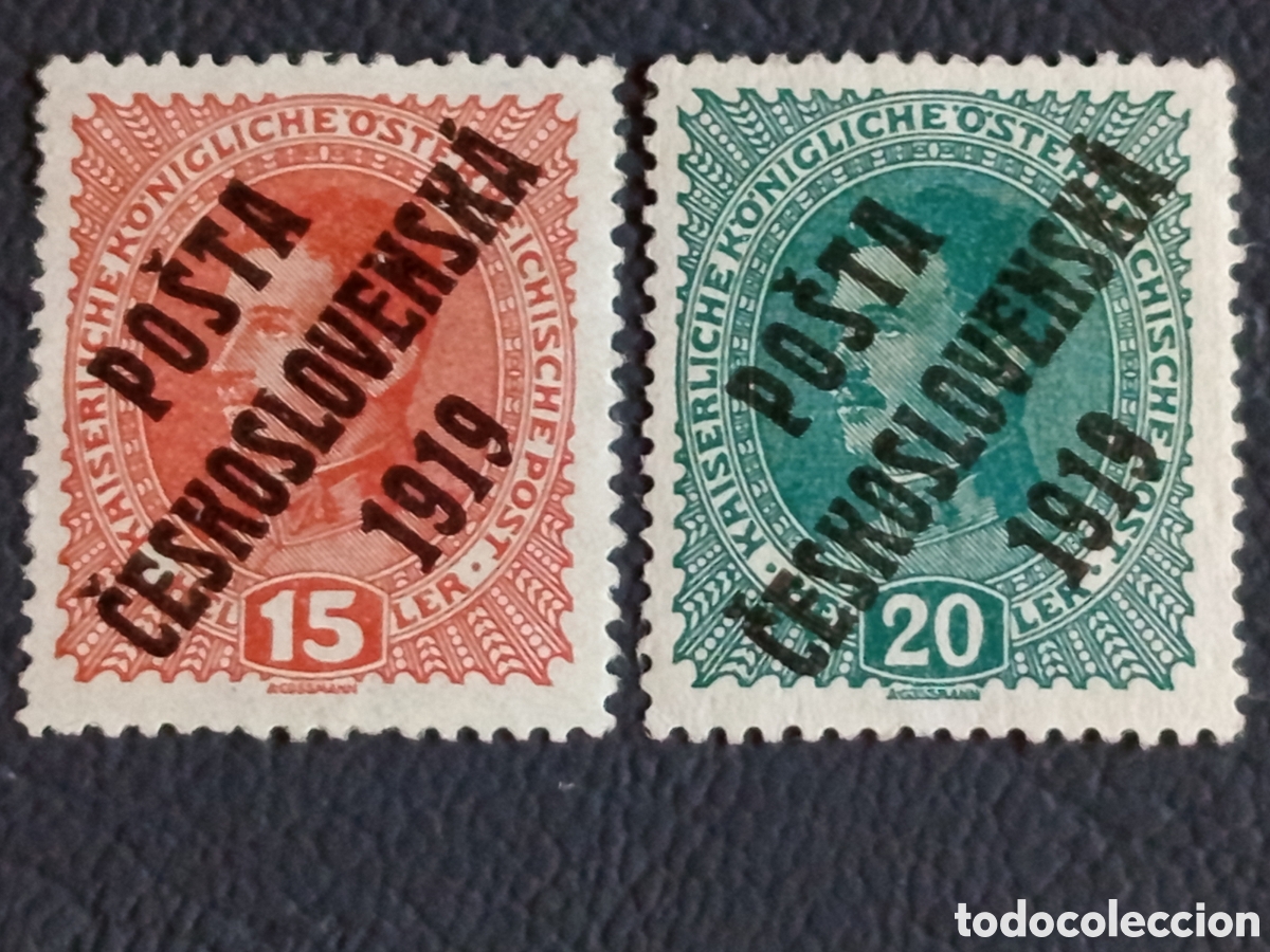 Sellos: Checoslovaquia 1919 15h+20h Austria sobrecarga Posta Ceskoslovenska MH Scott 38-39