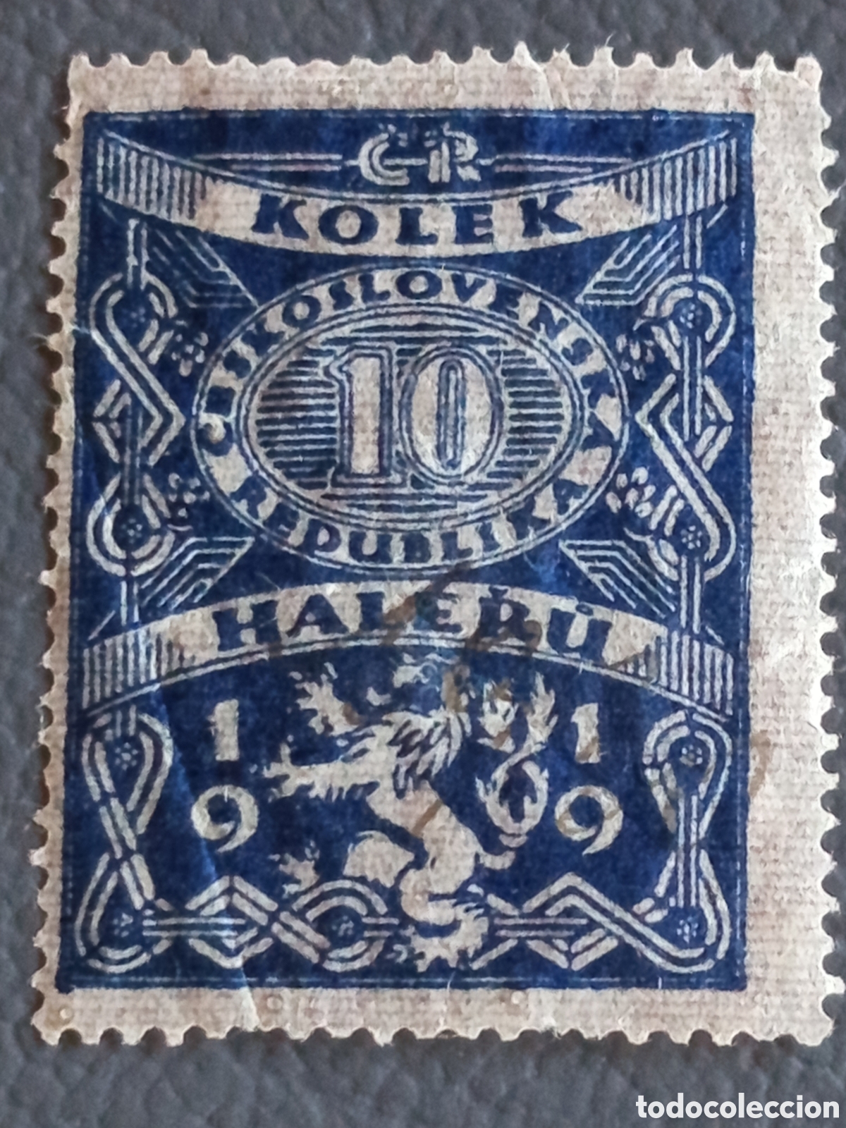 Sellos: Checoslovaquia 1919 10h KOLEK timbre fiscal azul papel fino usado