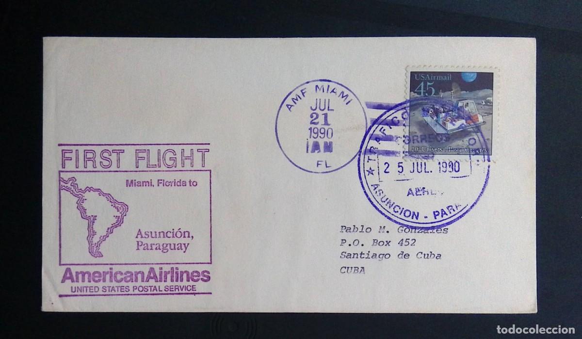 Sellos: KV) 1990 USA, FIRST FLIGHT COVER SENT FROM MIAMI FLORIDA IN THE USA TO SANTIAGO DE CUBA IN CUBA VIA