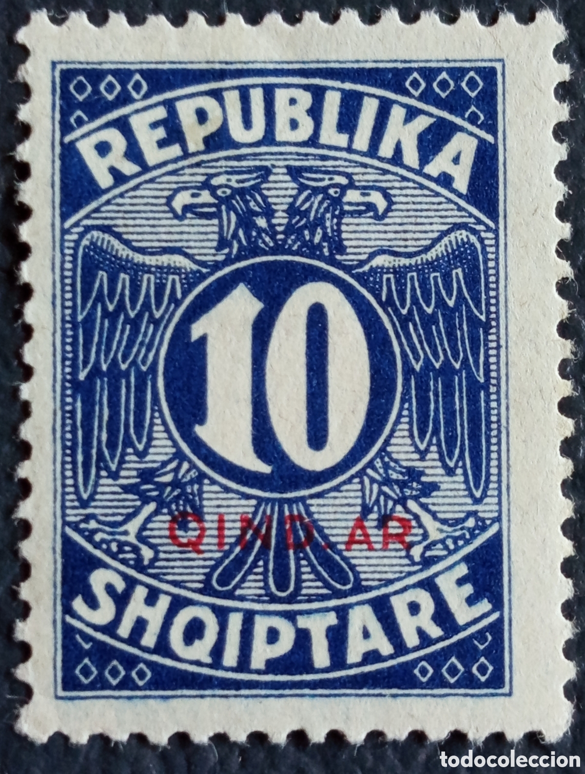 Sellos: Albania 1925 Rep&uacute;blica 10 Qindar Azul &Aacute;guila Bic&eacute;fala Scott 107 MH